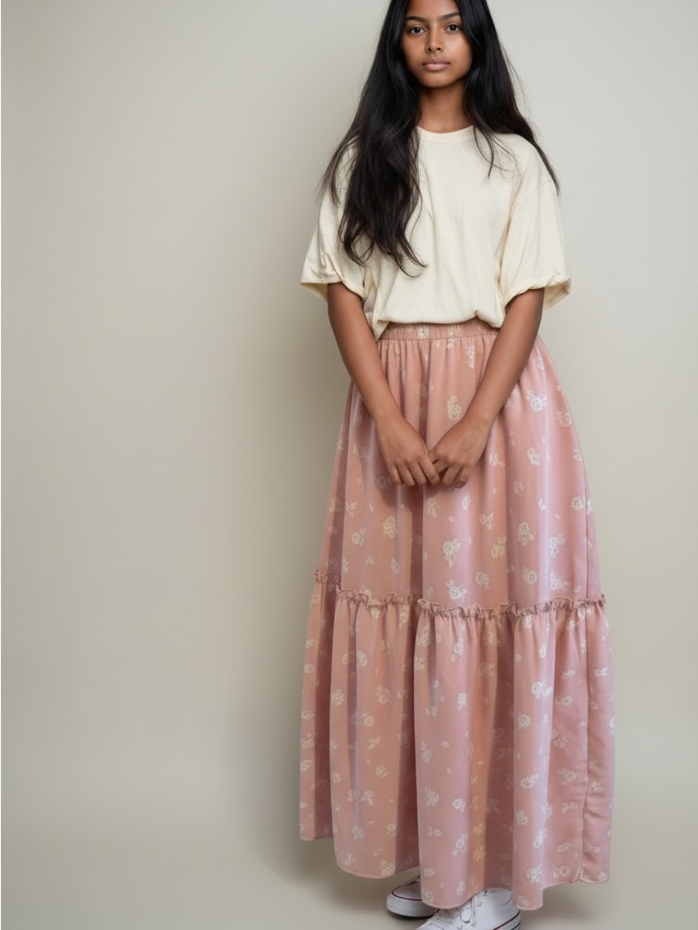 Lee Blush Pink Floral Tiered Maxi Skirt